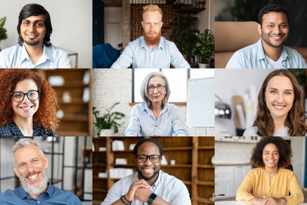 Crowded video screen shows members of a work team in a brainstorming session using an online platform for a virtual meeting